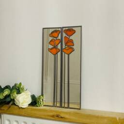 Opposite Pair Poppy 3 in Orange Rennie Mackintosh Style Stained Glass Effect Mirror Handmade Gift 40x10cms - thumbnail 2
