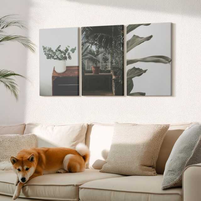 Canvas Set Of 3 Wall Art - Potted Plants With Rustic Leaves, Green Photo Print, & Flowers Hanging Piece - image 1