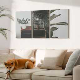 Canvas Set Of 3 Wall Art - Potted Plants With Rustic Leaves, Green Photo Print, & Flowers Hanging Piece