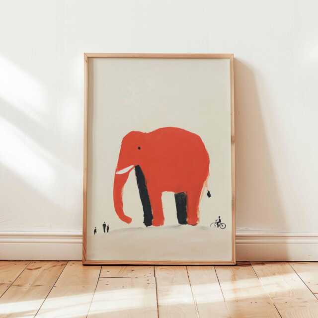Minimalist Red Elephant Poster, Quirky Animal Wall Print, Playful Modern Illustration, Abstract Decor With Tiny People & Cyclist - image 1