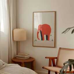Minimalist Red Elephant Poster, Quirky Animal Wall Print, Playful Modern Illustration, Abstract Decor With Tiny People & Cyclist - thumbnail 3