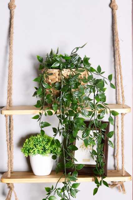 2 Tier Rustic Hanging Rope Shelf - Handmade With Jute Or Macrame Natural Pine Wood Torched - image 1