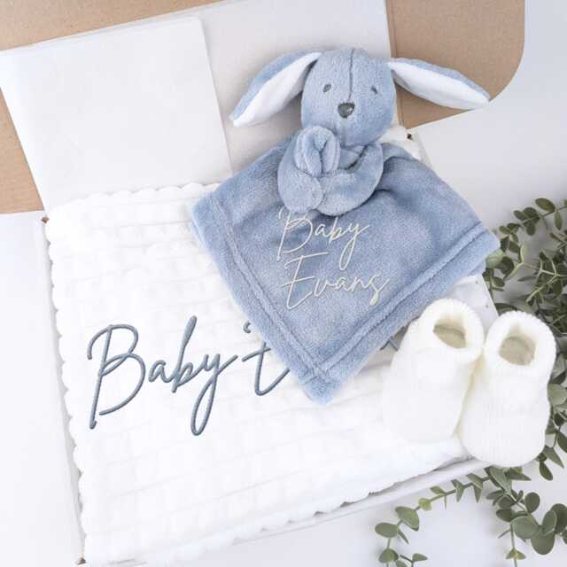 Embroidered Dusty Blue Bunny Comforter Blanket Gift Set - Baby Shower Booties Newborn Girl Boy - image 1