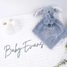 Embroidered Dusty Blue Bunny Comforter Blanket Gift Set - Baby Shower Booties Newborn Girl Boy - thumbnail 2