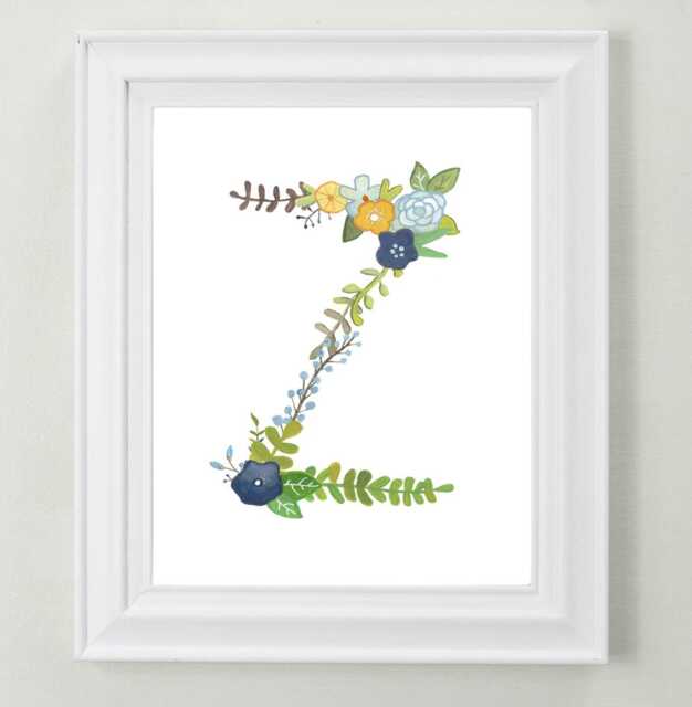Floral Letter Z Art Print Hand-Painted Nursery Initial - image 1