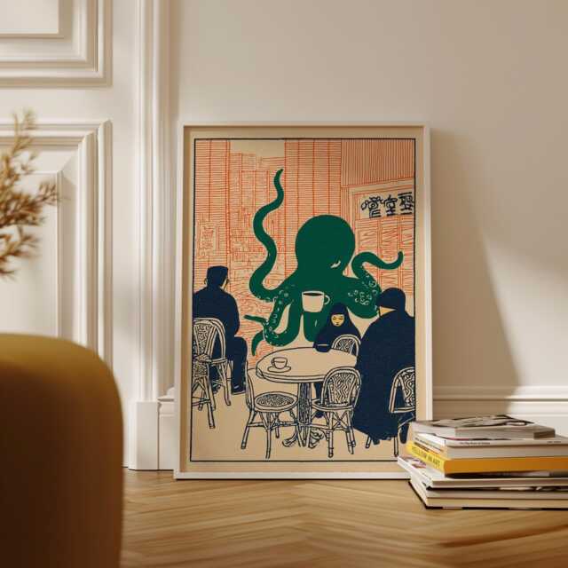 Octopus Caf?? Scene Poster, Minimal Japanese-Inspired Line Art Print - image 1
