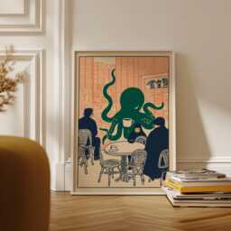 Octopus Caf?? Scene Poster, Minimal Japanese-Inspired Line Art Print - thumbnail 1
