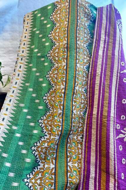 Vintage Handmade Kantha Stitch Sofa Throw - Beach Camper Van Quirky Colours Green Pink Floral Purple Musted - image 1