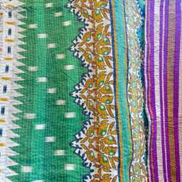 Vintage Handmade Kantha Stitch Sofa Throw - Beach Camper Van Quirky Colours Green Pink Floral Purple Musted - thumbnail 2