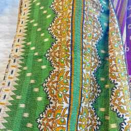 Vintage Handmade Kantha Stitch Sofa Throw - Beach Camper Van Quirky Colours Green Pink Floral Purple Musted - thumbnail 3