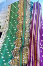 Vintage Handmade Kantha Stitch Sofa Throw - Beach Camper Van Quirky Colours Green Pink Floral Purple Musted - thumbnail 1