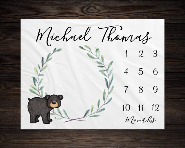Woodland Milestone Blanket Monthly Growth Tracker Soft Fleece Bear Baby Shower Gift Newborn Watch Me Grow Boy - image 1