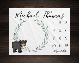 Woodland Milestone Blanket Monthly Growth Tracker Soft Fleece Bear Baby Shower Gift Newborn Watch Me Grow Boy