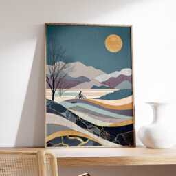 Modern Landscape Art Print, Cyclist Under Moon Poster, Abstract Mountain Wall Art, Minimalist Nature Scene, Contemporary Home Decor - thumbnail 2