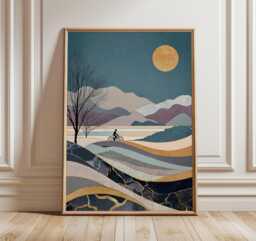 Modern Landscape Art Print, Cyclist Under Moon Poster, Abstract Mountain Wall Art, Minimalist Nature Scene, Contemporary Home Decor - thumbnail 1