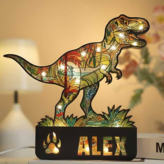 Custom T-Rex Dinosaur Night Light Personalized Suncatcher Acrylic Wood Bedroom Lamp - image 1