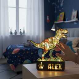 Custom T-Rex Dinosaur Night Light Personalized Suncatcher Acrylic Wood Bedroom Lamp - thumbnail 3