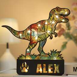 Custom T-Rex Dinosaur Night Light Personalized Suncatcher Acrylic Wood Bedroom Lamp