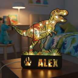 Custom T-Rex Dinosaur Night Light Personalized Suncatcher Acrylic Wood Bedroom Lamp - thumbnail 2