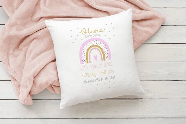 New Baby Gift Personalised Cushion Keepsake For Baby Girls Boys Custom Pillow Decorative Cushions Babies Nursery Decor Girl Boy Rainbows - image 1