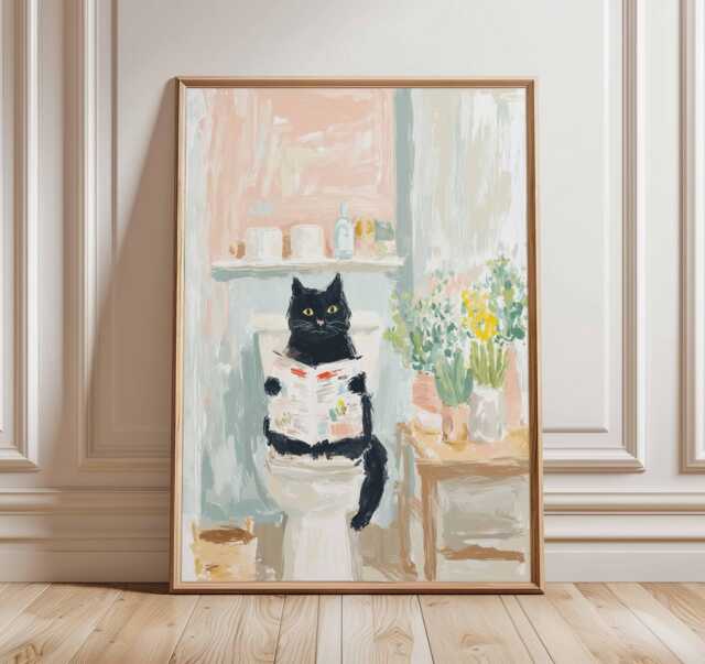 Funny Cat Poster, Black Wall Art Print, Whimsical Bathroom Reading Artwork, Quirky Animal Decor For Home, Playful Lover Gift - image 1