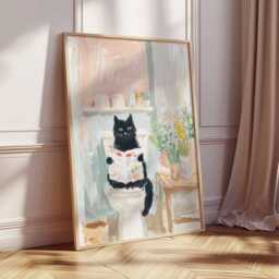 Funny Cat Poster, Black Wall Art Print, Whimsical Bathroom Reading Artwork, Quirky Animal Decor For Home, Playful Lover Gift - thumbnail 2