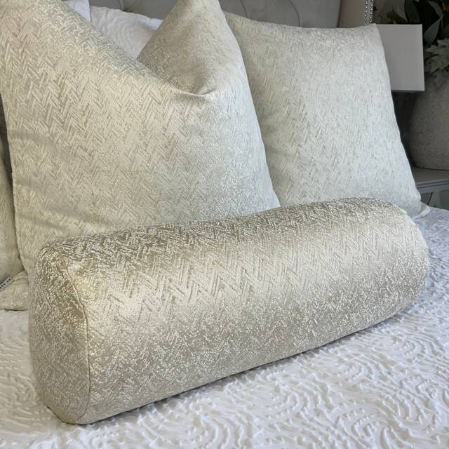 "Cream Gold Bolster Cushion Cover - Bella Herringbone Designer Fabric 16""x6" - image 1