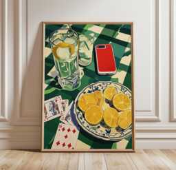 Mediterranean Still Life Poster, Lemon Table Scene Wall Art - thumbnail 1