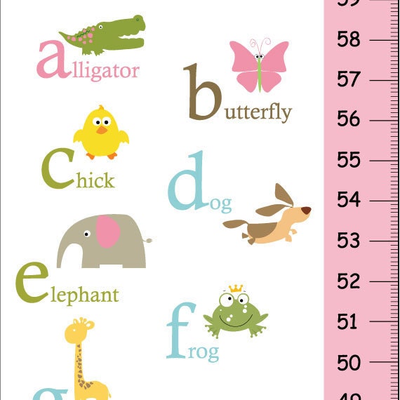 Personalized Alphabet Animals Growth Chart Pink & Green - Nursery Wall Art , Baby Girl Room Decor - image 1