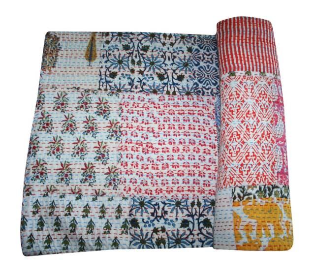 Hand Block Print Kantha Quilt Bedspread, Reversible Cotton Bedding - image 1