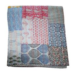 Hand Block Print Kantha Quilt Bedspread, Reversible Cotton Bedding - thumbnail 3