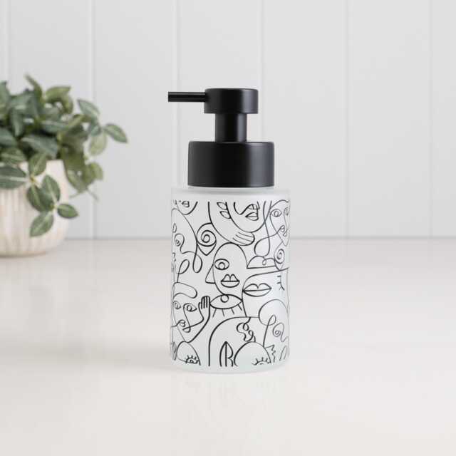 250Ml Frosted Glass Soap Dispenser With Black Line Art Wrap, Refillable Pump Bottle For Bathroom Or Kitchen, Modern Eco Gift - image 1