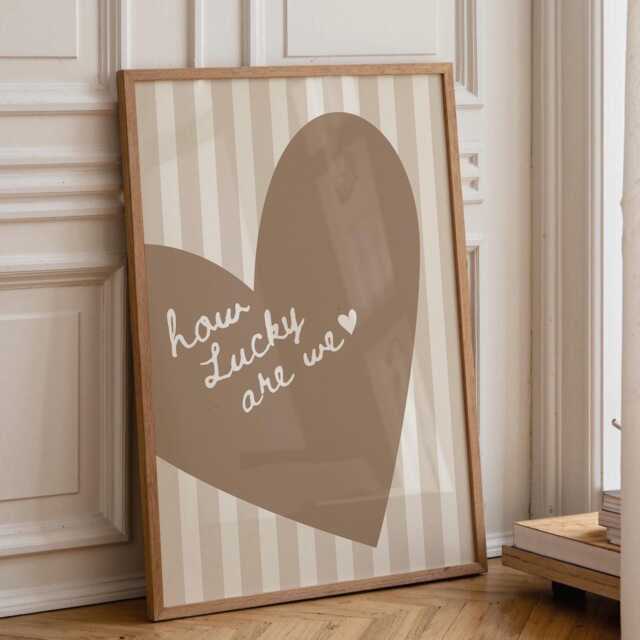 How Lucky Are We Wall Print, Brown Beige Heart Poster, Beige Stripe Trendy Art, Minimalist Livingroom Art Quote - image 1