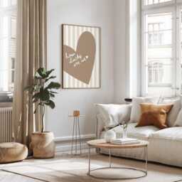 How Lucky Are We Wall Print, Brown Beige Heart Poster, Beige Stripe Trendy Art, Minimalist Livingroom Art Quote - thumbnail 2
