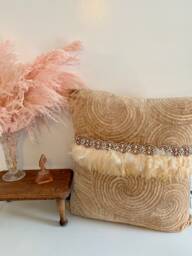 One-Of-A-Kind Couture Euro Pillow - Peach Velvet Chenille With Blush Feather & Rhinestone Trim