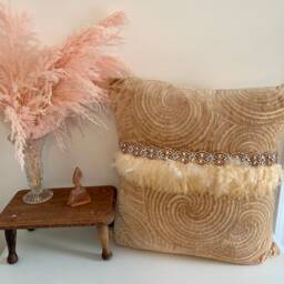 One-Of-A-Kind Couture Euro Pillow - Peach Velvet Chenille With Blush Feather & Rhinestone Trim - thumbnail 3