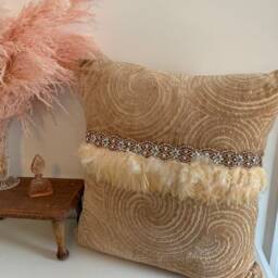 One-Of-A-Kind Couture Euro Pillow - Peach Velvet Chenille With Blush Feather & Rhinestone Trim - thumbnail 2