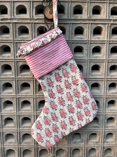 Handmade Quilted Christmas Stocking Pink Floral Block Print Cotton - image 1