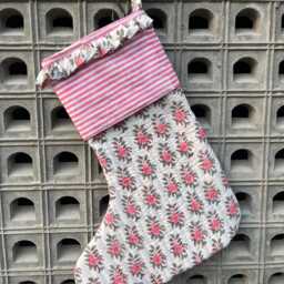 Handmade Quilted Christmas Stocking Pink Floral Block Print Cotton - thumbnail 4