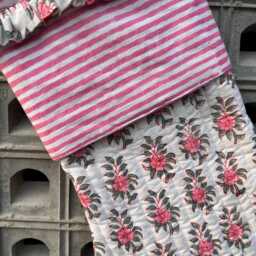 Handmade Quilted Christmas Stocking Pink Floral Block Print Cotton - thumbnail 3