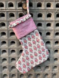 Handmade Quilted Christmas Stocking Pink Floral Block Print Cotton