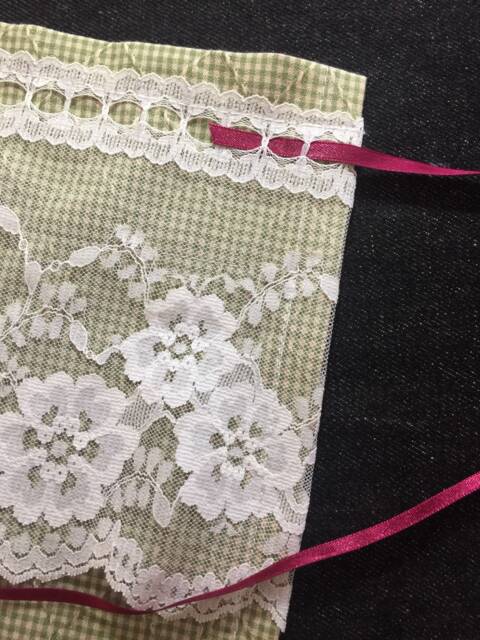 Green Check Curtain Valance, White Rose Lace, Shabby Chic Handmade - image 1