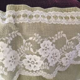 Green Check Curtain Valance, White Rose Lace, Shabby Chic Handmade - thumbnail 4