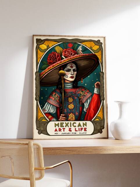 Traditional Mexican Female Exhibition Poster, Art Print, Vintage Floral Wall Art, Psychedelic Latin American - image 1