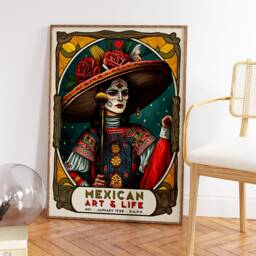 Traditional Mexican Female Exhibition Poster, Art Print, Vintage Floral Wall Art, Psychedelic Latin American - thumbnail 3