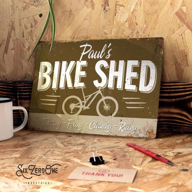 Personalised Bike Shed Metal Sign - Vintage Worn Rusty Look Print Le Tour Mtb Road Bmx 6 Colours 4 Bikes - image 1