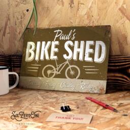 Personalised Bike Shed Metal Sign - Vintage Worn Rusty Look Print Le Tour Mtb Road Bmx 6 Colours 4 Bikes - thumbnail 1
