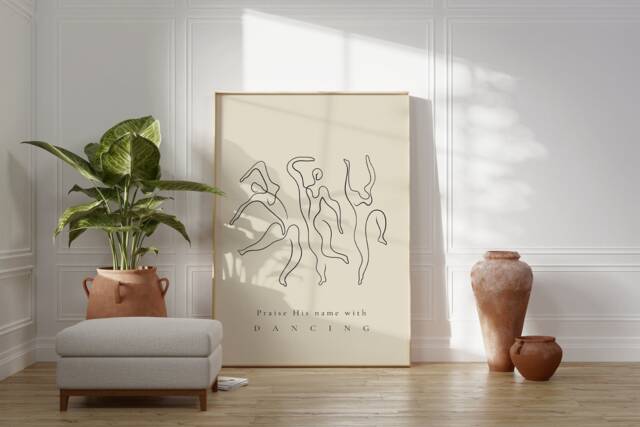 Psalm 149 Praise His Name With Dancing Poster, Bible Verse Prints, Modern Christian Home Decor, Faith Minimal Black & Beige Art - image 1