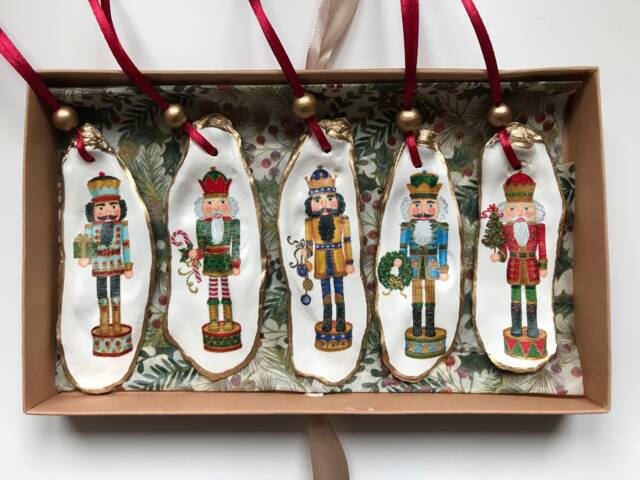 Boxed Set Nutcracker Gold Oyster Shell Ornament Set, Handmade Christmas Decoration - image 1