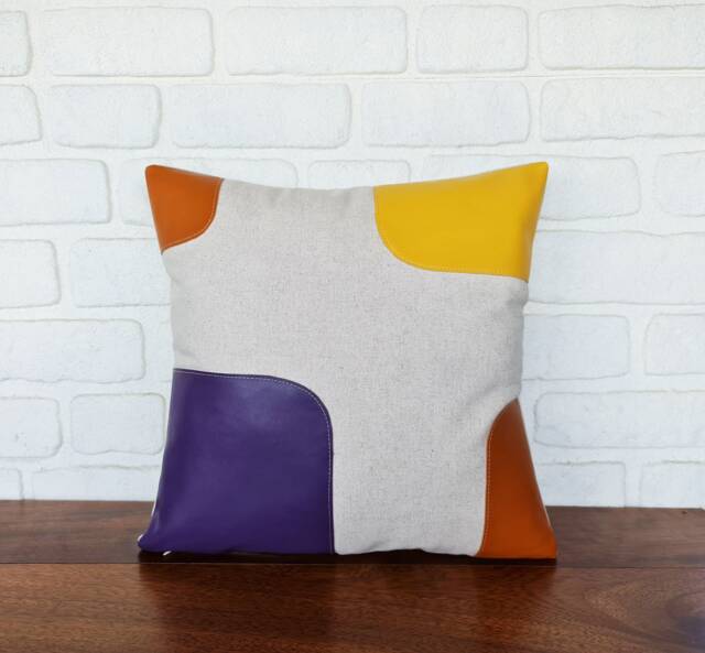 16x16'' Mid Century Design Burnt Orange-Purple-Yellow Faux Leather Linen Pillow Cover/Modern Scandinavian Houses-1Qty - image 1
